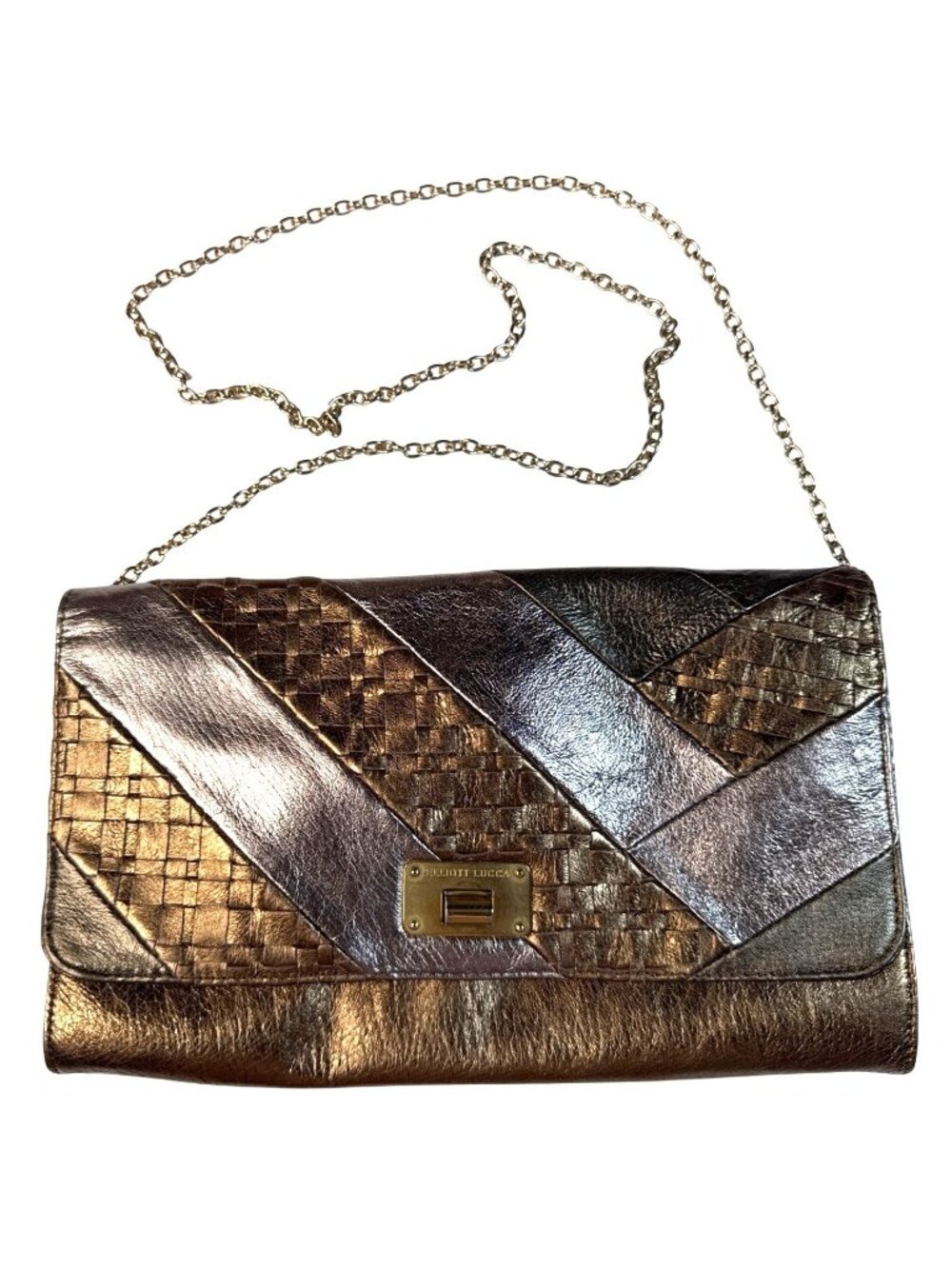 Elliott Lucca Metallic Bronze Woven Leather Chain Clutch Crossbody Bag 11"x7"